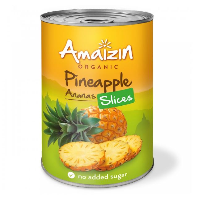 ANANAS PLASTRY W SOKU WŁASNYM (PUSZKA) BIO 400 g - AMAIZIN